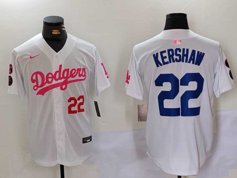 Mens Los Angeles Dodgers #22 Clayton Kershaw White Pink Vin & Kobe Patch Stitched Baseball Jerseys